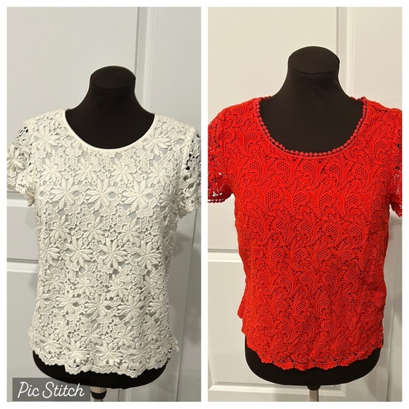 Lot of 2 Talbots Red and White Short Sleeve Crochet Lace Tops Layering Size 8P - Picture 1 of 14